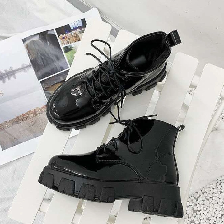 Chunky ASnkle Boots Martin Boots Women's Short Boots Front Lace-up Thick Leather Boots