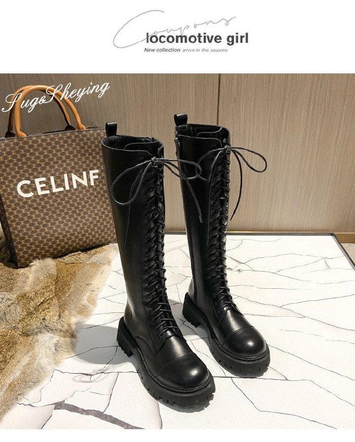 Martin Boots Female Long Leather Thick Bottom Thin Lace-up Boots Flat Shoes