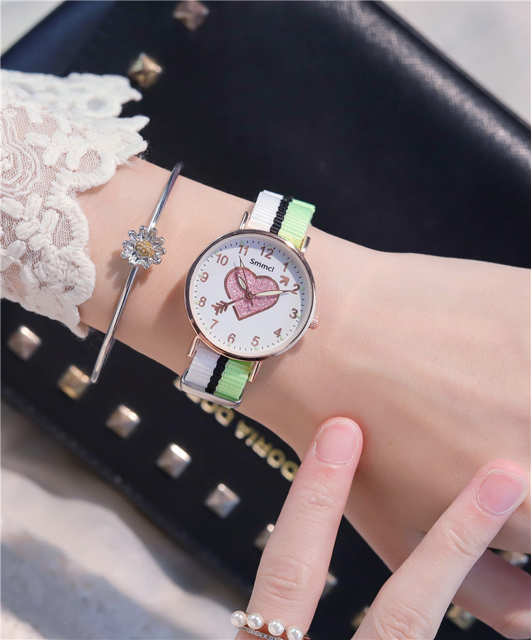 Fashion Women Watches Heart-shaped Children students Bracelet Set Watch Casual Canvas Quartz Wristwatch Clock