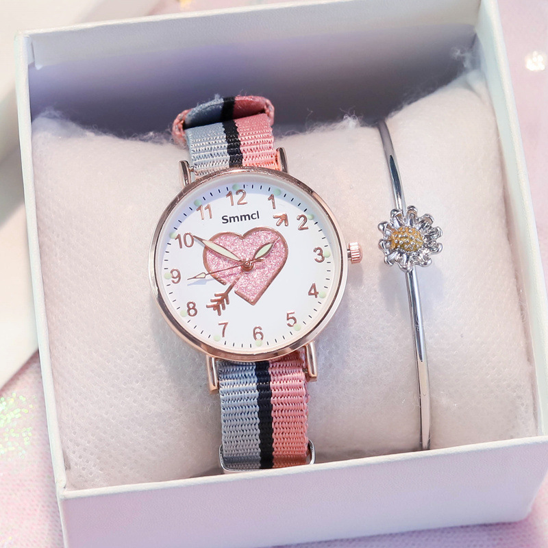 Fashion Women Watches Heart-shaped Children students Bracelet Set Watch Casual Canvas Quartz Wristwatch Clock