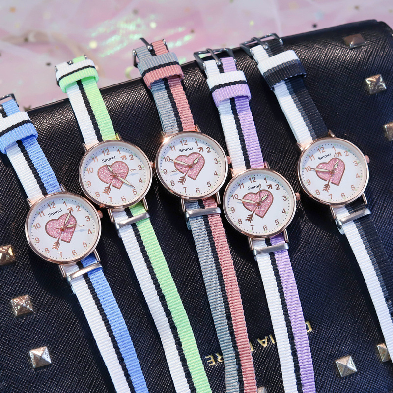 Fashion Women Watches Heart-shaped Children students Bracelet Set Watch Casual Canvas Quartz Wristwatch Clock