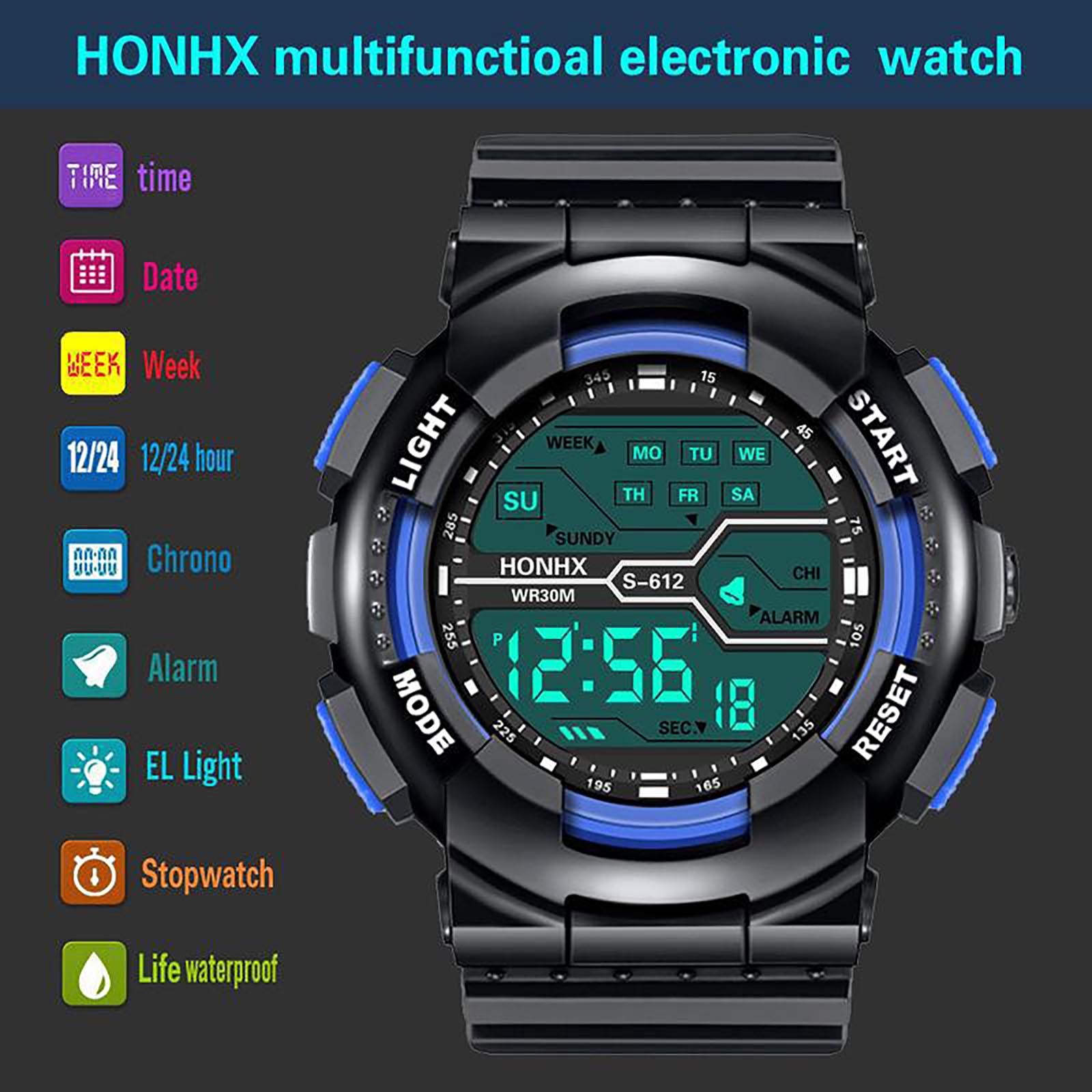 Men Sport Watch Multifunction Military Sports Watch Waterproof Luminous LED Digital Kids Watch Big Dial Student Electronic Watch