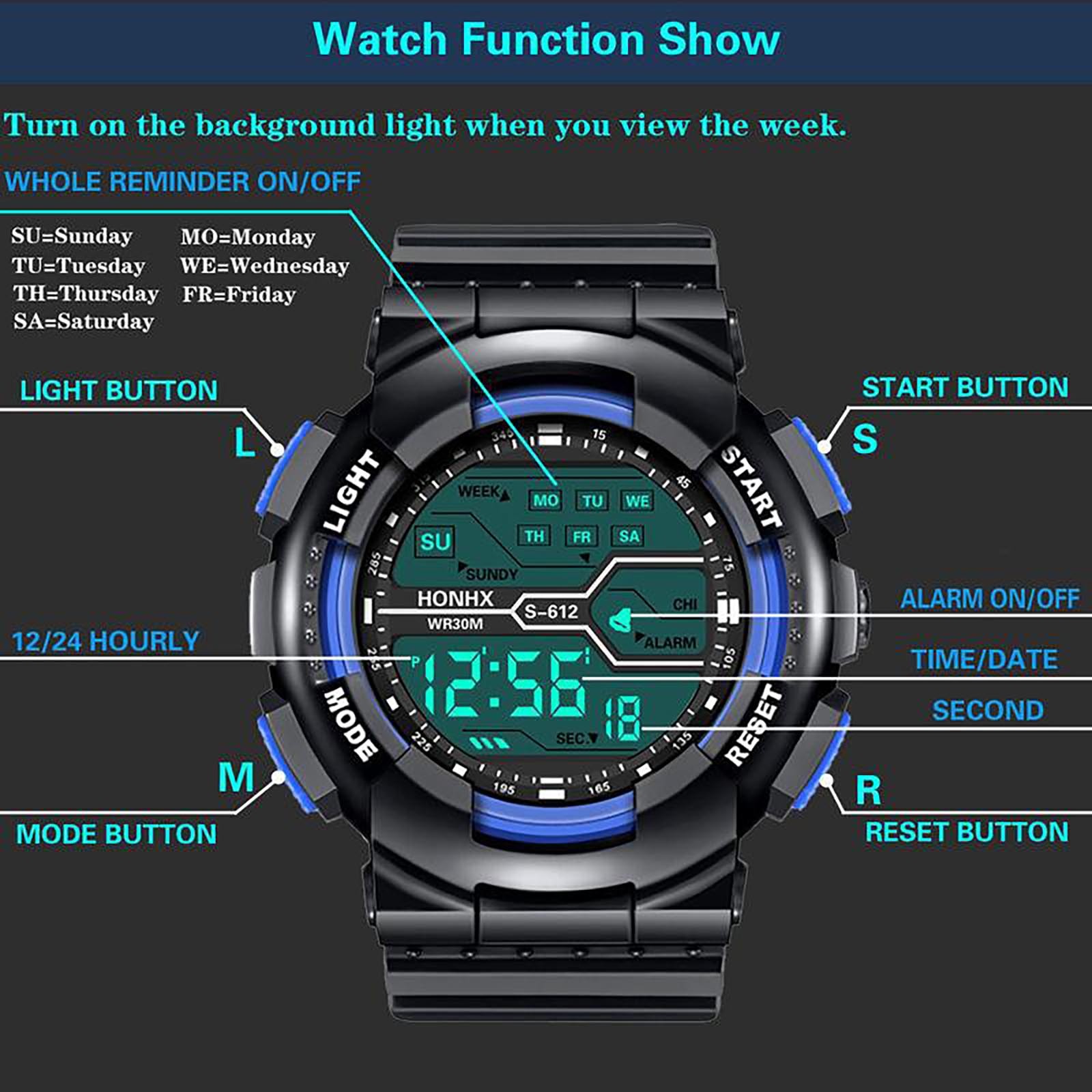 Men Sport Watch Multifunction Military Sports Watch Waterproof Luminous LED Digital Kids Watch Big Dial Student Electronic Watch