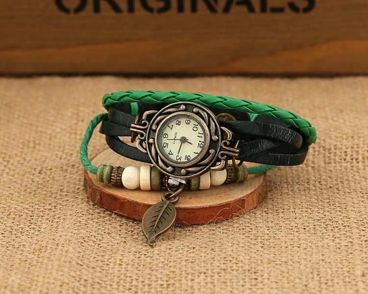 Women Men Retro Analog Watch Faux Leather Bracelet Tree Leaf Decoration Quartz Wrist Watch Fashion Electronic Clock