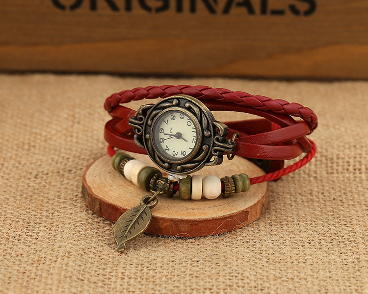 Women Men Retro Analog Watch Faux Leather Bracelet Tree Leaf Decoration Quartz Wrist Watch Fashion Electronic Clock