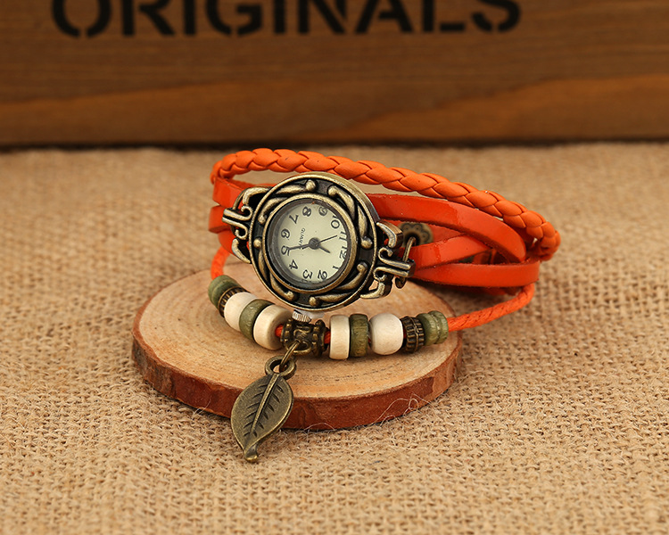 Women Men Retro Analog Watch Faux Leather Bracelet Tree Leaf Decoration Quartz Wrist Watch Fashion Electronic Clock
