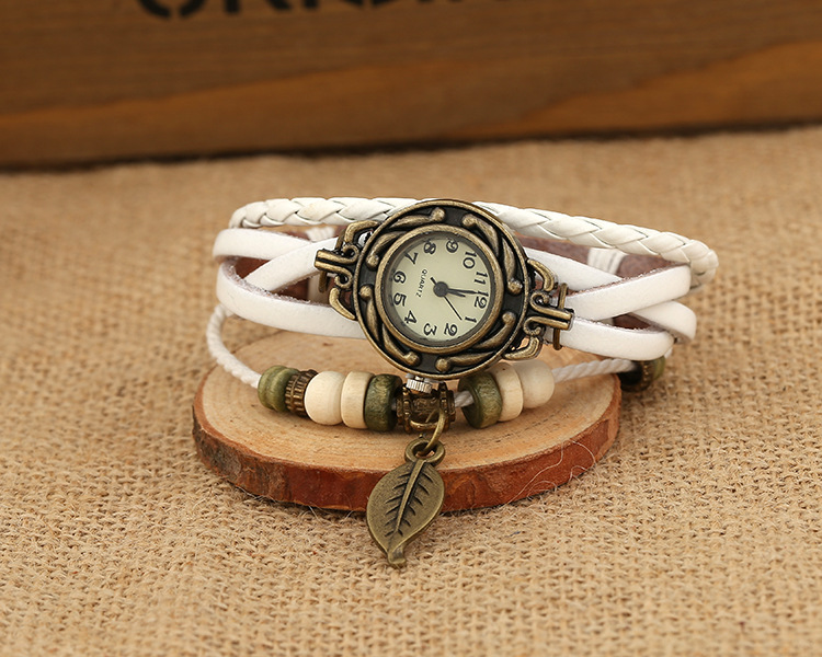 Women Men Retro Analog Watch Faux Leather Bracelet Tree Leaf Decoration Quartz Wrist Watch Fashion Electronic Clock