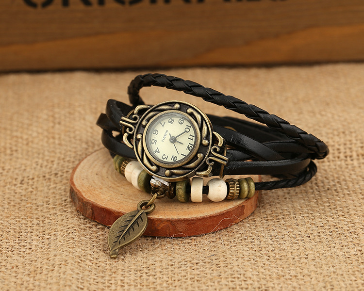 Women Men Retro Analog Watch Faux Leather Bracelet Tree Leaf Decoration Quartz Wrist Watch Fashion Electronic Clock