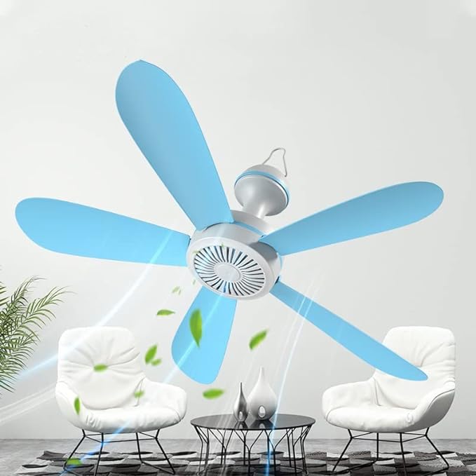 5Blades Quiet Small DC Ceiling Fan Hanging Fan for Camping Cruise RV Tent Gazebo Bed Dormitory Home Room  Ceiling Fan Portable Canopy Fan with ON/OFF switch