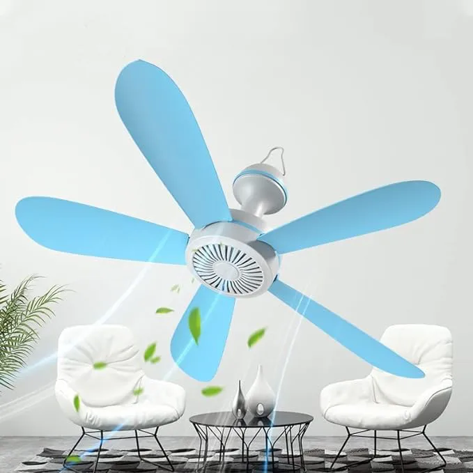 5Blades Quiet Small DC Ceiling Fan Hanging Fan for Camping Cruise RV Tent Gazebo Bed Dormitory Home Room  Ceiling Fan Portable Canopy Fan with ON/OFF switch