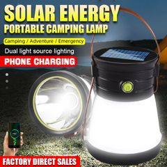 Portable Camping Lamp Dual Light Source Lighting High Brightness LED Flashlight Solar Emergency Light Solar Energy Charge Phone Charging Black as picture