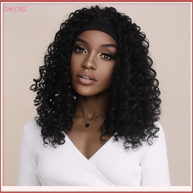 Curly Headband Wig 18 inch Black Deep Wave Glueless Kinky Curly Wigs for Black Wome nNatural Hairline Synthetic Water Wave Hair