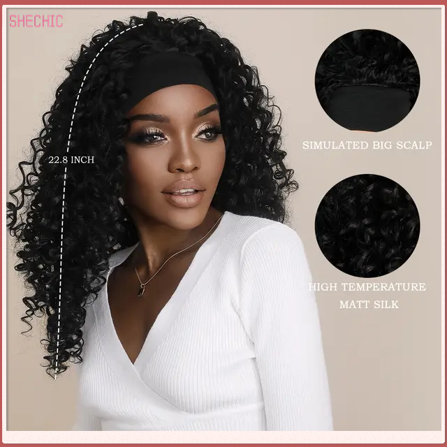 Curly Headband Wig 18 inch Black Deep Wave Glueless Kinky Curly Wigs for Black Wome nNatural Hairline Synthetic Water Wave Hair