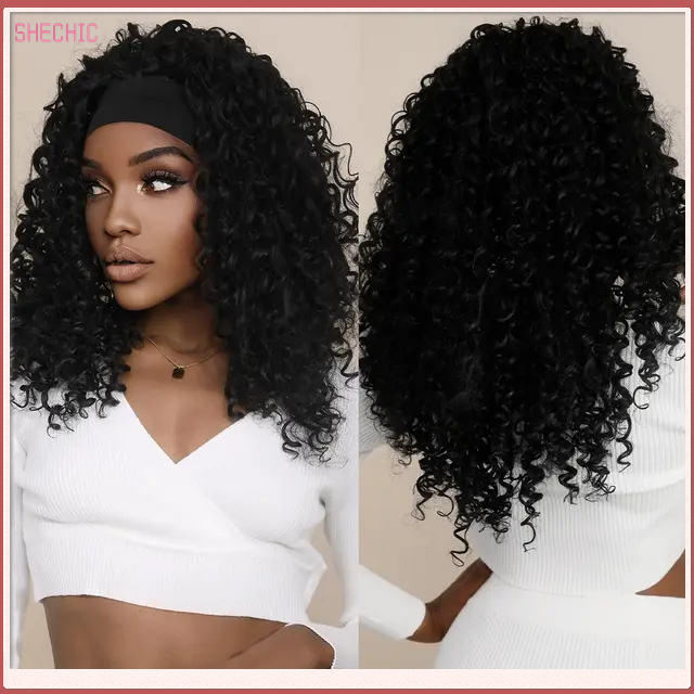 Curly Headband Wig 18 inch Black Deep Wave Glueless Kinky Curly Wigs for Black Wome nNatural Hairline Synthetic Water Wave Hair