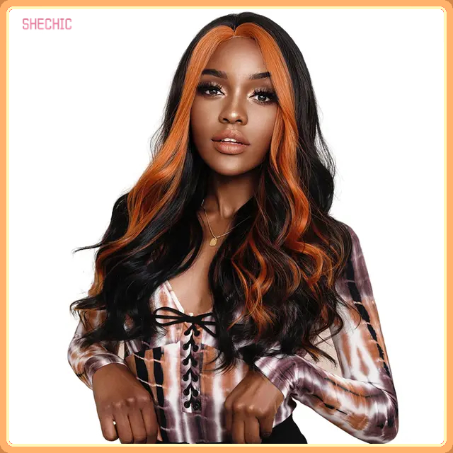 18inch Skunk Deep Wave Wig Synthetic Curly Wig for Women Long Deep Wave Wig Natural Black with Ginger Orange Hightlights Curls Hairs