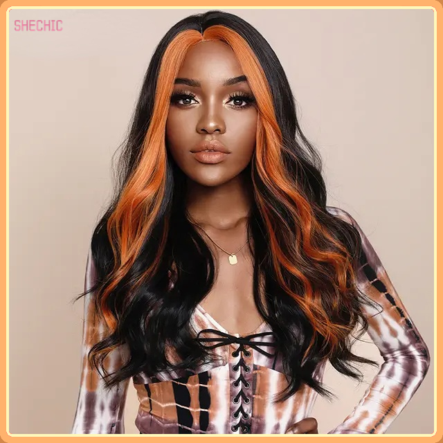 18inch Skunk Deep Wave Wig Synthetic Curly Wig for Women Long Deep Wave Wig Natural Black with Ginger Orange Hightlights Curls Hairs