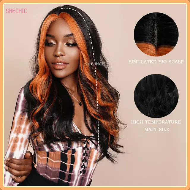 18inch Skunk Deep Wave Wig Synthetic Curly Wig for Women Long Deep Wave Wig Natural Black with Ginger Orange Hightlights Curls Hairs