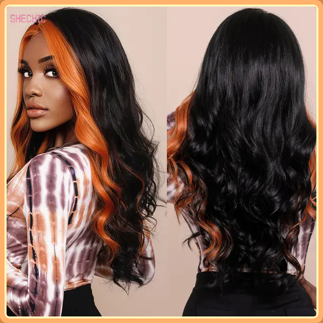 18inch Skunk Deep Wave Wig Synthetic Curly Wig for Women Long Deep Wave Wig Natural Black with Ginger Orange Hightlights Curls Hairs