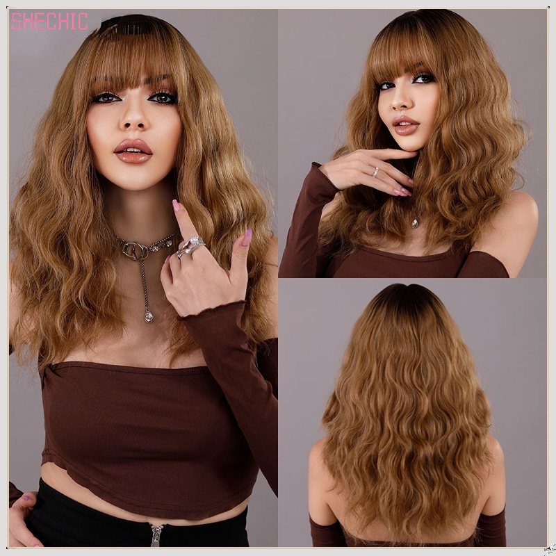Ombre Blonde Wig Short Cruly Wig with Bangs for Women Wavy Bob Wig Shoulder Length Synthetic Hair for Daily Cosplay Halloween