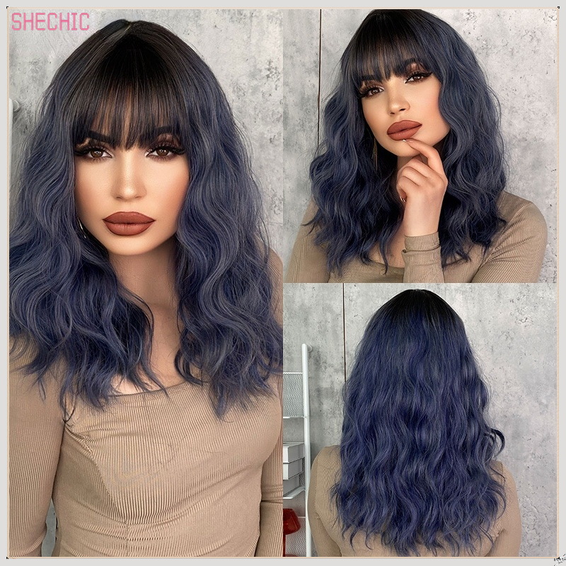 Ombre Blonde Wig Short Cruly Wig with Bangs for Women Wavy Bob Wig Shoulder Length Synthetic Hair for Daily Cosplay Halloween