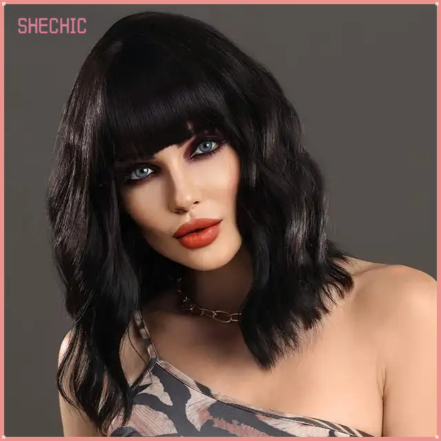 Black Wig Short Curly Wavy Bob for Women Natural Black Wig with Bangs Shoulder Length Synthetic Halloween Cosplay Colourful