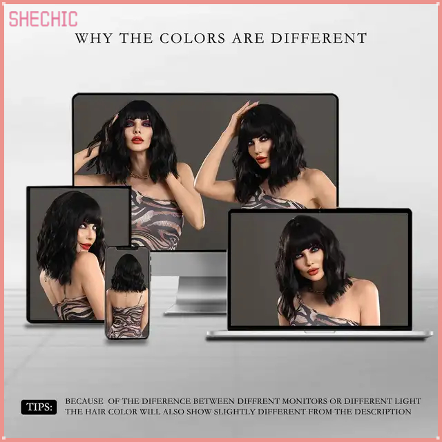 Black Wig Short Curly Wavy Bob for Women Natural Black Wig with Bangs Shoulder Length Synthetic Halloween Cosplay Colourful
