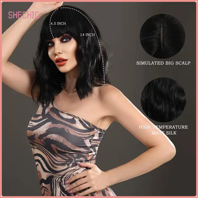 Black Wig Short Curly Wavy Bob for Women Natural Black Wig with Bangs Shoulder Length Synthetic Halloween Cosplay Colourful