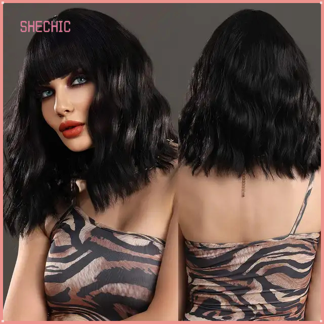 Black Wig Short Curly Wavy Bob for Women Natural Black Wig with Bangs Shoulder Length Synthetic Halloween Cosplay Colourful