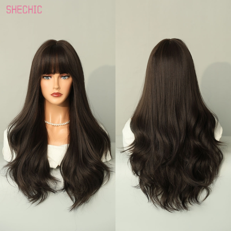 Brown Wig Long Curly Wig with Bangs for WomenDark Brown Wavy Wig Shoulder Length SyntheticFiber Factory 26 Inches Hair
