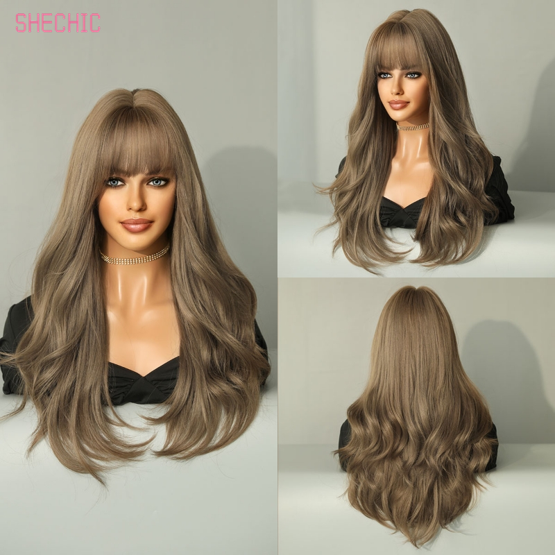 Brown Wig Long Curly Wig with Bangs for WomenDark Brown Wavy Wig Shoulder Length SyntheticFiber Factory 26 Inches Hair