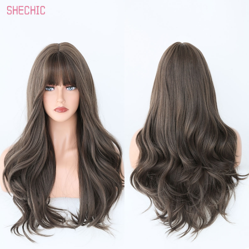 Brown Wig Long Curly Wig with Bangs for WomenDark Brown Wavy Wig Shoulder Length SyntheticFiber Factory 26 Inches Hair