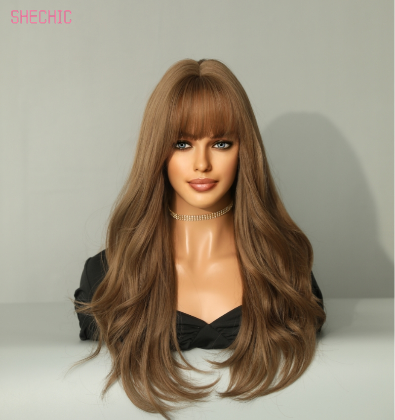 Brown Wig Long Curly Wig with Bangs for WomenDark Brown Wavy Wig Shoulder Length SyntheticFiber Factory 26 Inches Hair