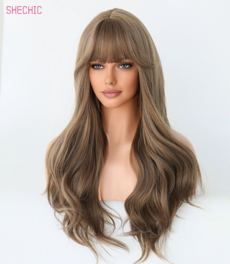 Brown Wig Long Curly Wig with Bangs for WomenDark Brown Wavy Wig Shoulder Length SyntheticFiber Factory 26 Inches Hair