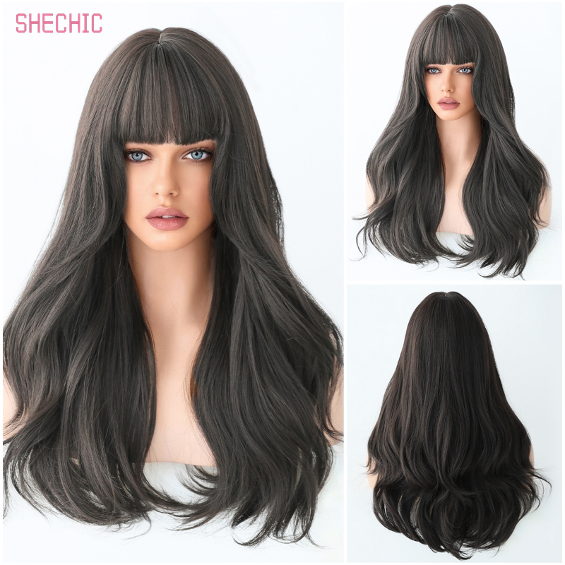 Brown Wig Long Curly Wig with Bangs for WomenDark Brown Wavy Wig Shoulder Length SyntheticFiber Factory 26 Inches Hair