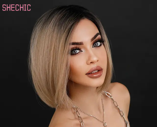 Lace Front Wig Synthetic Hair Bob Blonde Wigsfor Women Ombre BlondeBob Shoulder LengthStraight Lace Wig Side Parting