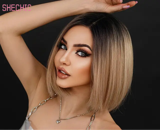 Lace Front Wig Synthetic Hair Bob Blonde Wigsfor Women Ombre BlondeBob Shoulder LengthStraight Lace Wig Side Parting