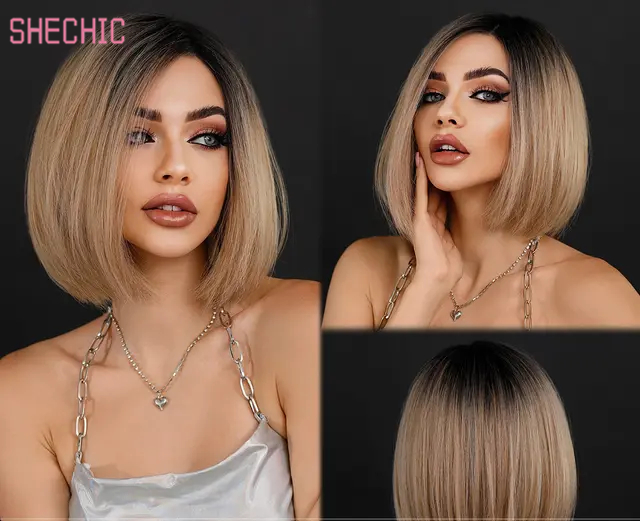 Lace Front Wig Synthetic Hair Bob Blonde Wigsfor Women Ombre BlondeBob Shoulder LengthStraight Lace Wig Side Parting