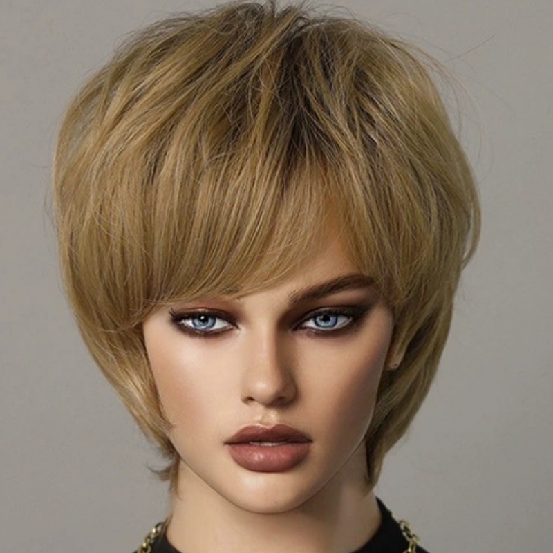 Pixie Blonde Wigs for Women Blonde Brown PixieCut Wig for White Women Layered SyntheticOmbre Blonde Hair Wig Machine Made