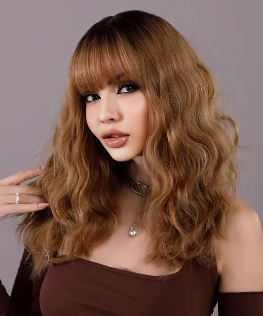 Ombre Blonde Wig Short Cruly Wig with Bangs for Women Wavy Bob Wig Shoulder Length Synthetic Hair for Daily Cosplay Halloween