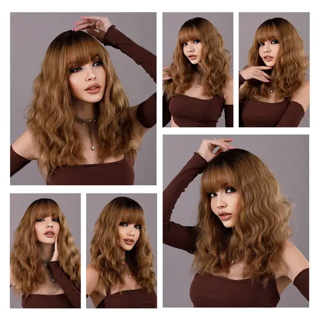 Ombre Blonde Wig Short Cruly Wig with Bangs for Women Wavy Bob Wig Shoulder Length Synthetic Hair for Daily Cosplay Halloween
