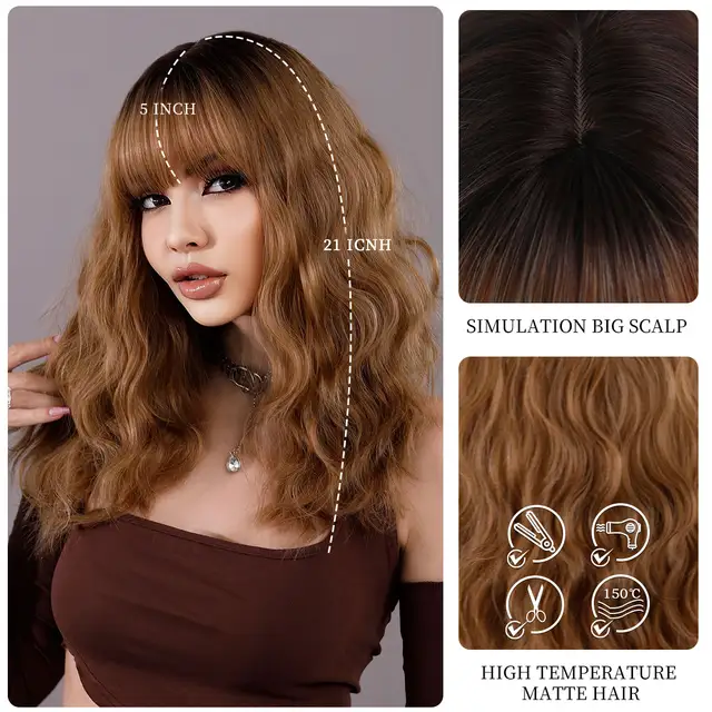 Ombre Blonde Wig Short Cruly Wig with Bangs for Women Wavy Bob Wig Shoulder Length Synthetic Hair for Daily Cosplay Halloween