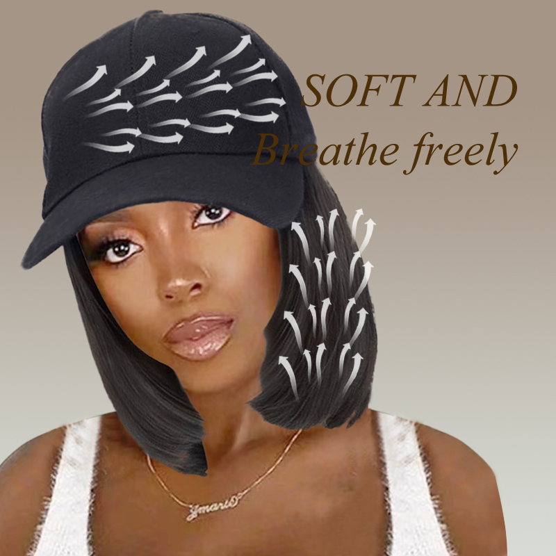 Popular summer wigs   Black Hat wig female  bobo straight wig fashion cap natural hair for lady Brown and black 14 Inch