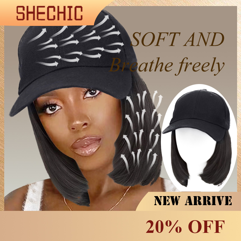 Popular summer wigs   Black Hat wig female  bobo straight wig fashion cap natural hair for lady Brown and black 14 Inch