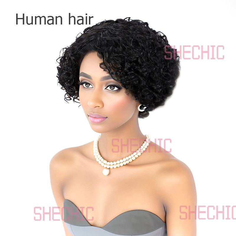 Females Human Hair Wigs Short Curly Wigs Black Women and Girls Pixie Cut  8 inch Soft