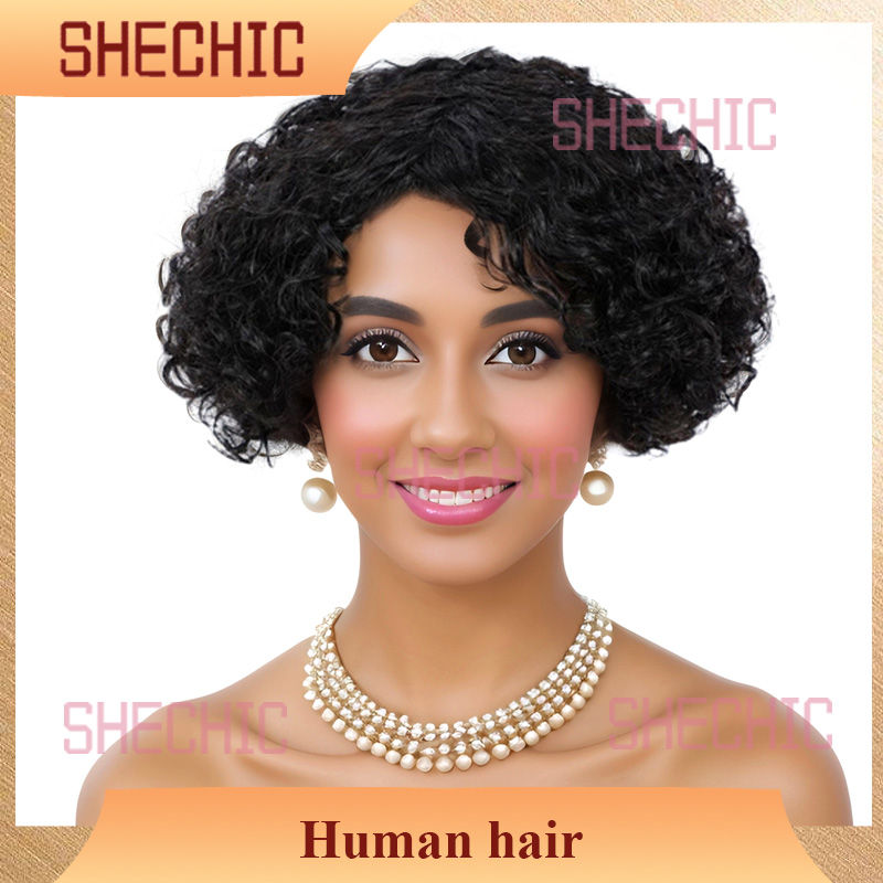 Females Human Hair Wigs Short Curly Wigs Black Women and Girls Pixie Cut  8 inch Soft