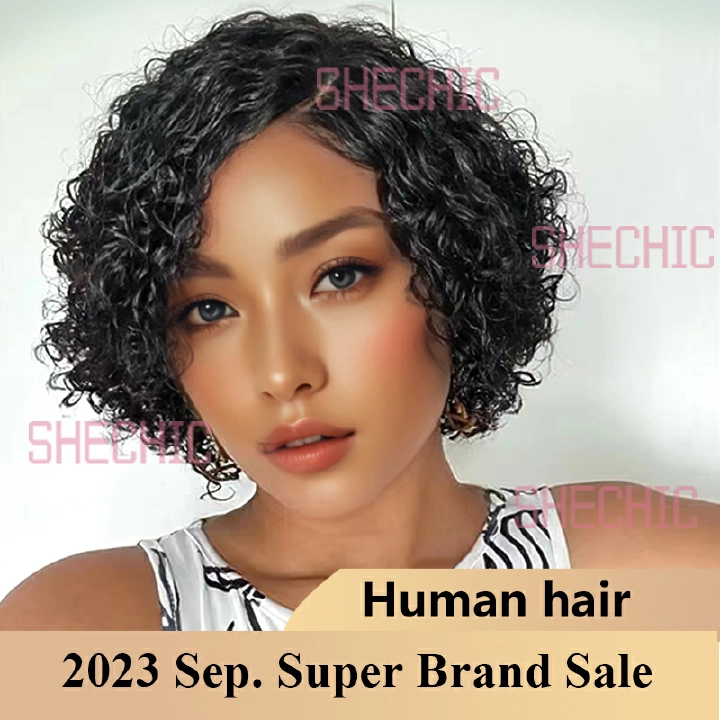 Females Human Hair Wigs Short Curly Wigs Black Women and Girls Pixie Cut  8 inch Soft