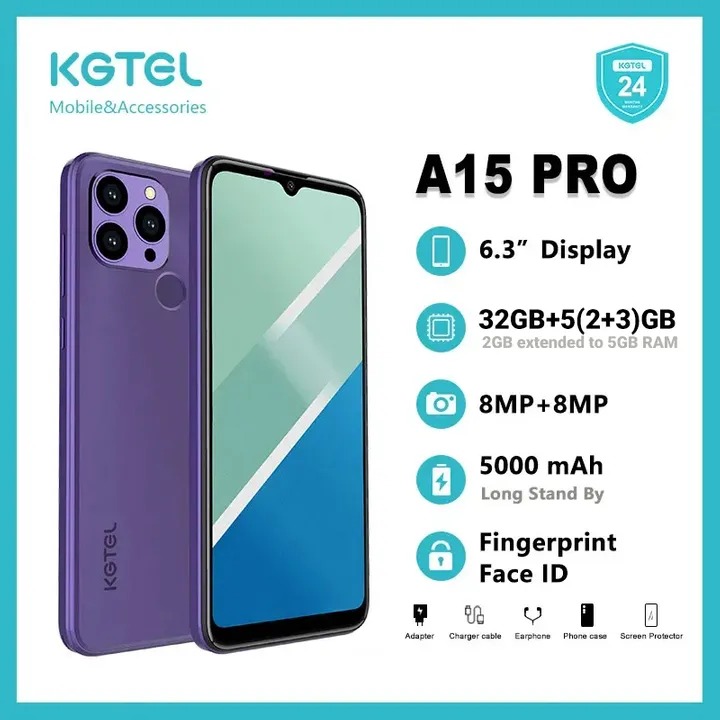 KGTEL A15 PRO 32GB Storage UPTO 5GB RAM (2+3)GB 5000mAh Dual SIM 8MP MAIN Camera 8MP SELFIE 6.3" LCD Screen Finger Print Enabled Signal Stabiliation Face Unlock SmartPhones