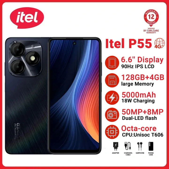Itel P55 4G LTE Network 128GB Storage upto 8Gb Ram(4+4)GB 6.6-Inch LCD Screen Dual SIM 50MP+8MP Camera 5000mAh Baterry Fingerprint And Face Unlock Smartphone
