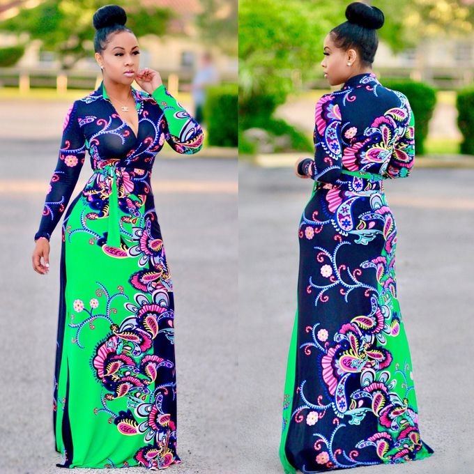 Women Sexy Print Maxi Dresses Long Sleeve Bodycon Elegant Dress