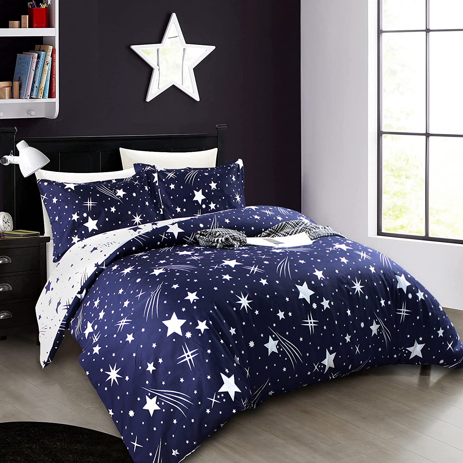 Quality Dream Star Duvet  Set, Comforter Set Luxury Soft Bedding, Space Theme Kids Quilt Cover (Blue White, 1 bedsheet & 2 Pillowcases, Twin Size)